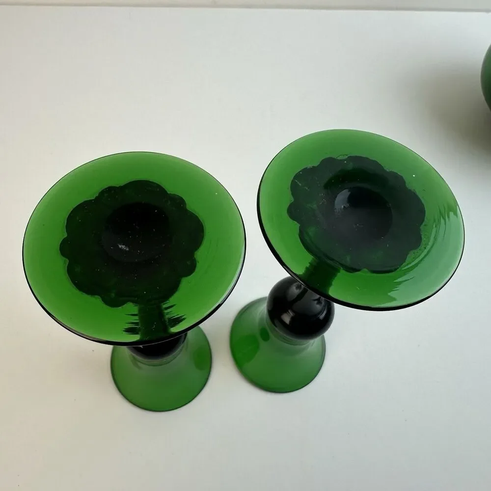 Green Genie Bottle Decanter 2 Glasses Pewter Cherry Overlay MCM Barware Vintage